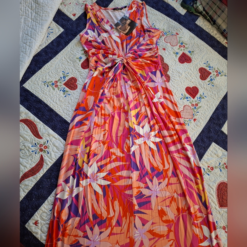 IMAN Global Chic Floral Women's Med Maxi Dress Twist Front Flowy Rayon NWT - Picture 10 of 12